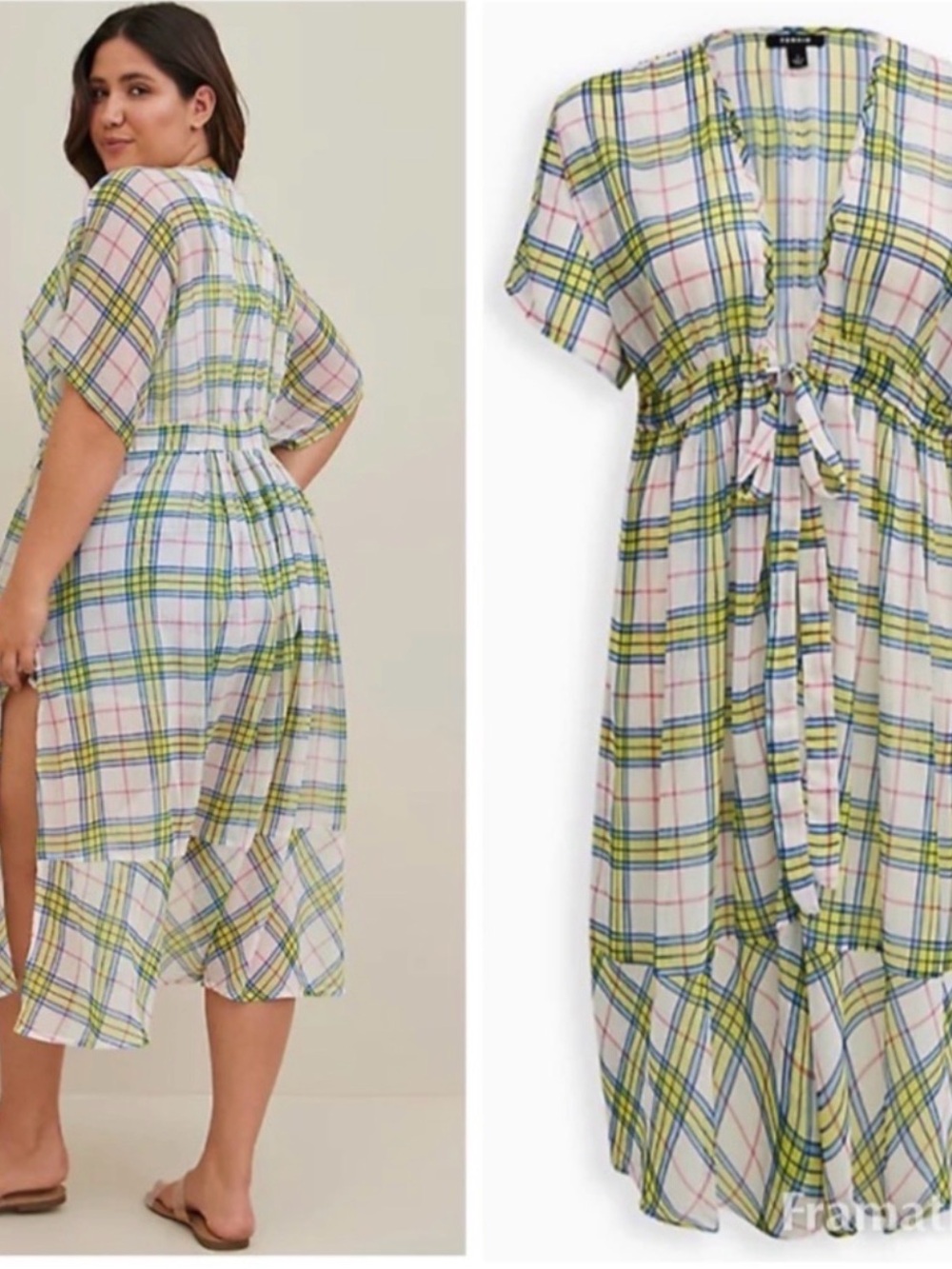torrid ~ Chiffon Duster ~ Cinch Waist w/ Tie ~ Plaid Green, Yellow, Blue, Red